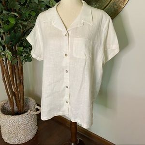 Baja Blue White Linen Short Sleeve Button Up Blouse - size Large